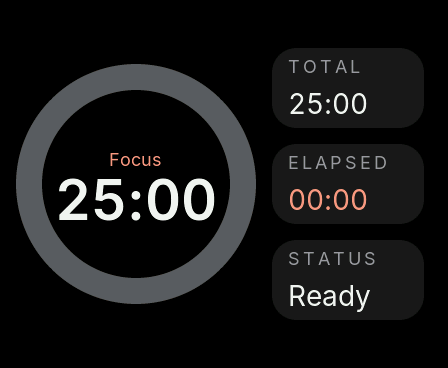 The Deskmate panel showing a focus timer at 25:00, paused.